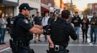 Four arrested and officer hurt in violent disorder