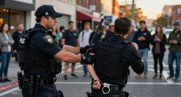 Four arrested and officer hurt in violent disorder